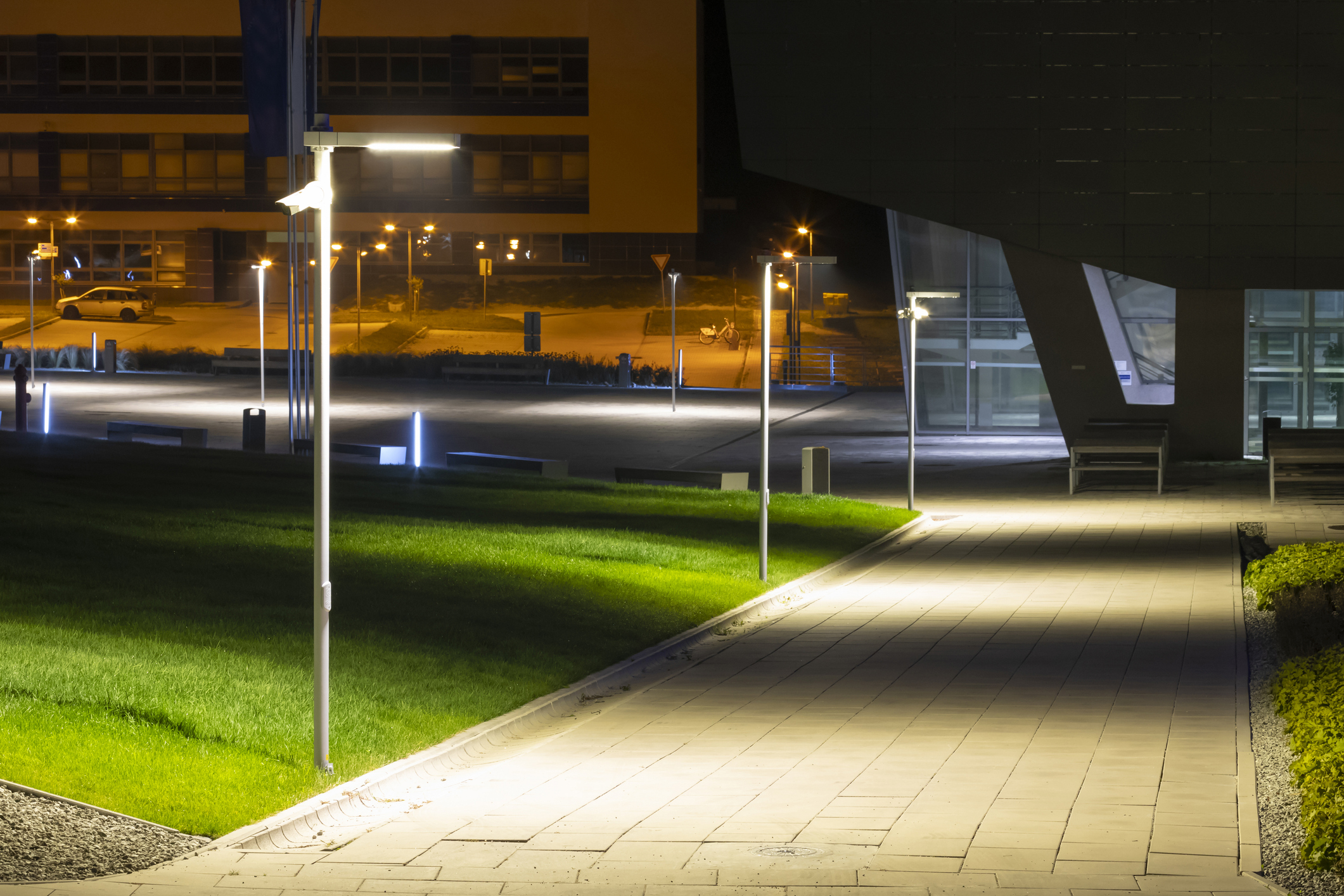 modern university campus with modern illumination at night