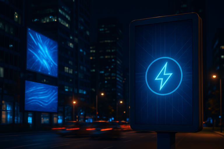 Smart DOOH at night displaying energy icon with advanced monitoring graphics in a city setting"