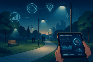 An illustrated park scene at dusk showing smart lighting poles connected to a tablet interface, with icons representing cloud-based remote control and energy analytics.