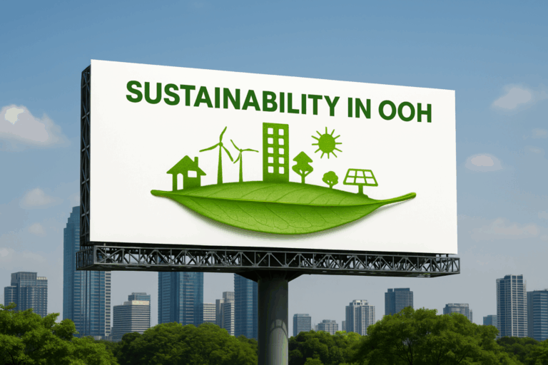Billboard in front of a modern city skyline displaying a green leaf with eco-friendly icons and the words 'Sustainability in OOH'