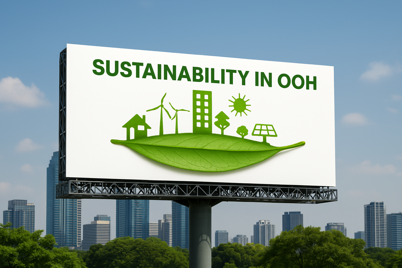 Billboard in front of a modern city skyline displaying a green leaf with eco-friendly icons and the words 'Sustainability in OOH'