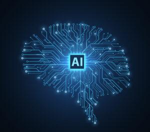 Brain-shaped circuit board with chip. Artificial intelligence, Digital memory